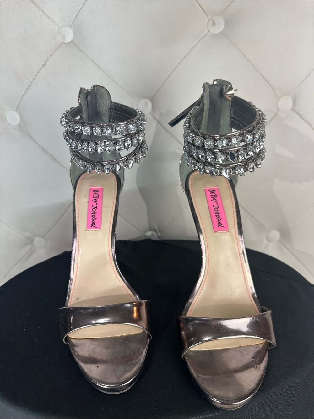 Betsey Johnson Silver Crystal-Strap Metallic Stiletto Sandals - Picture 3 of 4